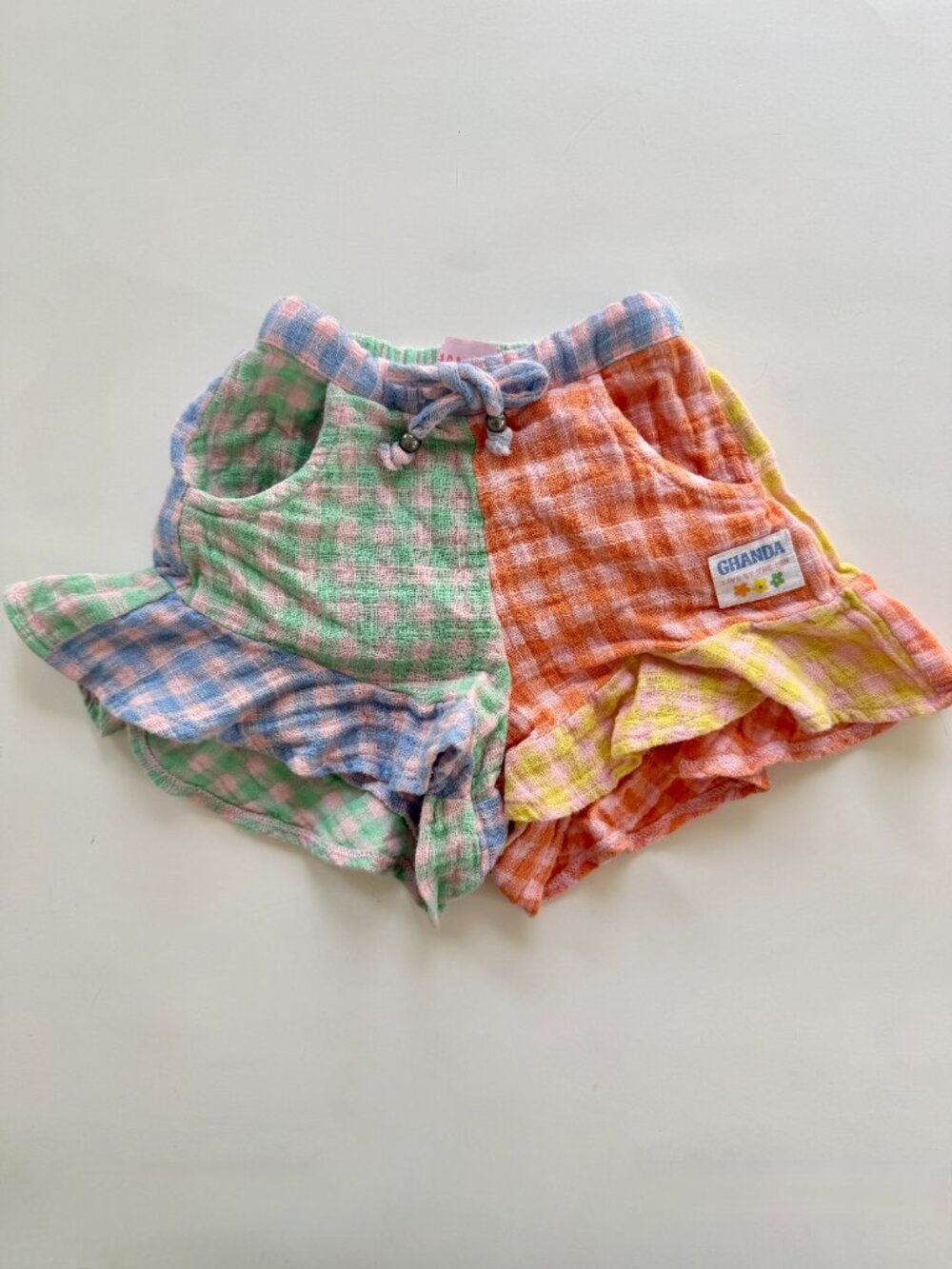 Ghanda Girls Gingham Patchwork Ruffle Shorts Sz 3-4 Rainbow Cotton Gauze